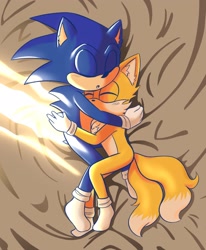 Size: 1584x1924 | Tagged: safe, artist:hugmeandloveme, miles "tails" prower, sonic the hedgehog, 2024, abstract background, cuddling, cute, duo, eyes closed, gay, hugging, indoors, lying on side, shipping, sleeping, sonic x tails