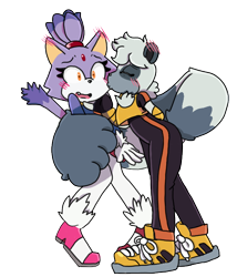 Size: 600x700 | Tagged: safe, artist:riderdoesart, blaze the cat, tangle the lemur, blushing, blushing ears, duo, kiss on cheek, lesbian, shipping, simple background, standing, tail hug, tanglaze, transparent background