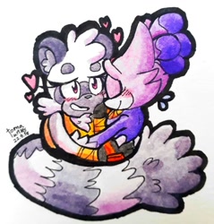 Size: 1280x1340 | Tagged: safe, artist:weeklyblazethecat, blaze the cat, tangle the lemur, blushing, cute, duo, eyes closed, heart, holding each other, lesbian, looking at them, outline, shipping, signature, smile, tanglaze, traditional media, wrapped in tail