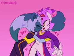 Size: 804x618 | Tagged: safe, artist:sonicshank, blaze the cat, tangle the lemur, cute, duo, eyes closed, gradient background, heart, hugging, lesbian, looking at them, shipping, signature, smile, standing, tanglaze
