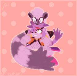 Size: 612x605 | Tagged: safe, artist:sonicshank, blaze the cat, tangle the lemur, abstract background, blushing, duo, holding each other, holding them, hugging, lesbian, looking at each other, outline, shipping, signature, sitting, tanglaze, wrapped in tail
