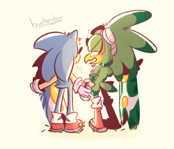 Size: 2048x1759 | Tagged: safe, artist:buckettkun, jet the hawk, sonic the hedgehog, blushing, cute, duo, extreme gear, gay, heart, holding hands, lidded eyes, shipping, signature, simple background, sonjet, standing