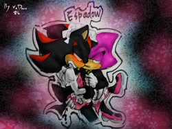 Size: 900x675 | Tagged: dead source, safe, artist:yzdano, espio the chameleon, shadow the hedgehog, abstract background, blushing, dress, duo, gay, holding each other, lidded eyes, maid outfit, shadpio, ship name, shipping, signature, sweatdrop