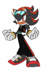 Size: 1344x2048 | Tagged: safe, artist:omentu5, shadow the hedgehog, clothes, crop jacket, frown, looking at viewer, pants, redraw, simple background, solo, sonic riders, sunglasses, trans female, trans girl shadow, transgender, white background, zip