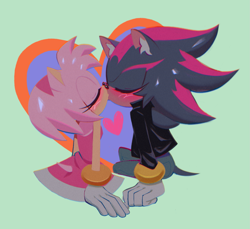 Size: 1593x1457 | Tagged: safe, artist:umii33, amy rose, shadow the hedgehog, abstract background, blushing, clothes, duo, ear fluff, eyes closed, half r63 shipping, heart, jacket, kiss, lesbian, shadamy, shipping, trans female, trans girl shadow, transgender