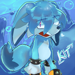 Size: 700x700 | Tagged: safe, artist:r3dz33art, kit the fennec, abstract background, bubble, bubbles, character name, eye clipping through hair, frown, looking at viewer, mouth open, solo, standing, water