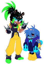 Size: 2048x2962 | Tagged: safe, artist:foolnamedjoey, kit the fennec, surge the tenrec, alternate universe, devil horns (gesture), duo, frown, lidded eyes, scar, simple background, smile, spiked bracelet, spiked collar, standing, white background