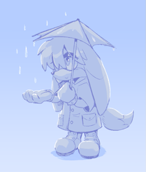 Size: 645x761 | Tagged: safe, artist:marsopps, kit the fennec, blue, cute, eye clipping through hair, gradient background, holding something, lidded eyes, looking up, monochrome, rain, raincoat, smile, solo, umbrella