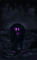 Size: 1240x2000 | Tagged: safe, artist:nyuheartbreak, kit the fennec, abstract background, dark, glowing eyes, nighttime, ocean, outdoors, solo, standing, walking on water