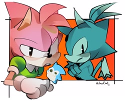 Size: 3206x2589 | Tagged: safe, artist:legochet, amy rose, blaze the cat, cat, hedgehog, 2024, amy x blaze, amy's classic dress, arms folded, classic amy, female, females only, lesbian, looking at viewer, shipping
