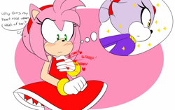 Size: 1024x644 | Tagged: safe, artist:imthatartist, amy rose, blaze the cat, cat, hedgehog, 2019, amy x blaze, amy's halterneck dress, blaze's tailcoat, cute, dreaming, english text, female, females only, heartbeat, hearts, lesbian, shipping, sparkles