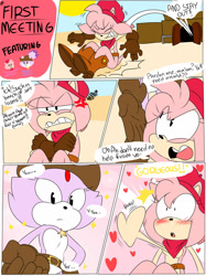 Size: 1024x1366 | Tagged: safe, artist:imthatartist, amy rose, blaze the cat, cat, hedgehog, 2020, amy x blaze, comic, cute, english text, female, females only, heartbeat, hearts, lesbian, sheriff star, shipping, sparkles, speech bubble