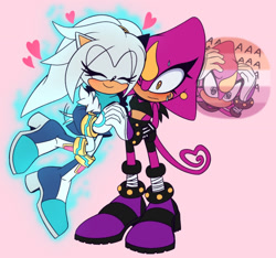 Size: 1088x1020 | Tagged: safe, artist:lm-tomatito, espio the chameleon, silver the hedgehog, aaa, blushing, clothes, cute, duo, eyes closed, gay panic, heart, heart tail, holding hands, lesbian, pink background, psychokinesis, shipping, silvio, simple background, smile, sweatdrop, wagging tail