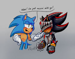 Size: 1028x800 | Tagged: safe, artist:virune, shadow the hedgehog, sonic the hedgehog, blushing, dialogue, duo, english text, freckles, gay, gradient background, heart, looking at each other, shadow x sonic, shipping, signature, sir lancelot, standing