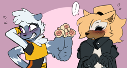 Size: 1016x545 | Tagged: safe, artist:bbgatile, tangle the lemur, whisper the wolf, blushing, duo, exclamation mark, flower, holding something, lesbian, looking at them, looking away, offering flower, shipping, tail hand, tangle x whisper