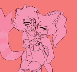 Size: 970x912 | Tagged: safe, artist:kiwiszified, tangle the lemur, whisper the wolf, blushing, carrying them, duo, eyes closed, lesbian, monochrome, pink, pink background, shipping, simple background, smile, standing, tangle x whisper