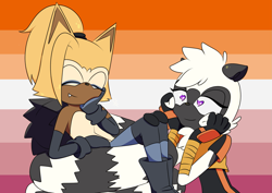 Size: 2039x1447 | Tagged: safe, artist:dragbunart, tangle the lemur, whisper the wolf, admiration, duo, eyes closed, heart eyes, lesbian, lesbian pride, lidded eyes, looking at them, pride, pride flag, pride flag background, shipping, sitting, sitting on tail, smile, tangle x whisper