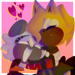 Size: 2048x2048 | Tagged: safe, artist:head---ache, tangle the lemur, whisper the wolf, border, cute, duo, eyes closed, gradient background, heart, hugging, lesbian, shipping, smile, tangabetes, tangle x whisper, whispabetes
