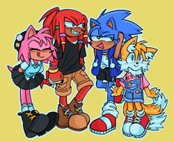 Size: 1136x926 | Tagged: safe, artist:t4tails, amy rose, knuckles the echidna, miles "tails" prower, sonic the hedgehog, alternate outfit, beanie, claws, clothes, cute, gloves off, group, jacket, licking lips, outline, overalls, shirt, shorts, simple background, skirt, smile, standing, tailabetes, teenager, tongue out, trans female, transgender, yellow background
