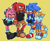 Size: 1136x926 | Tagged: safe, artist:t4tails, amy rose, knuckles the echidna, miles "tails" prower, sonic the hedgehog, alternate outfit, beanie, claws, clothes, cute, gloves off, group, jacket, licking lips, outline, overalls, shirt, shorts, simple background, skirt, smile, standing, tailabetes, teenager, tongue out, trans female, trans girl amy, trans girl tails, transgender, yellow background