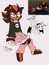 Size: 1536x2048 | Tagged: safe, artist:charmallows, rouge the bat, shadow the hedgehog, sonic the hedgehog, :<, barefoot, chipped ear, cute, dialogue, ear piercing, earring, english text, frown, grey background, hugging, leg warmers, lidded eyes, reference inset, shadowbetes, shoes off, simple background, sitting, skirt, solo focus, sweater, trans female, transgender, trio