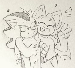 Size: 1748x1598 | Tagged: safe, artist:charmallows, rouge the bat, shadow the hedgehog, arm around shoulders, cute, duo, heart, line art, pencilwork, rougabetes, shadowbetes, smile, traditional media, v sign