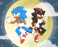 Size: 2048x1638 | Tagged: safe, artist:charmallows, shadow the hedgehog, sonic the hedgehog, abstract background, clouds, duo, frown, looking at viewer, mid-air, moon, nighttime, redraw, smile, sonic generations, star (sky)