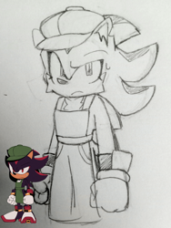 Size: 952x1269 | Tagged: safe, artist:charmallows, shadow the hedgehog, the murder of sonic the hedgehog, line art, pencilwork, redraw, reference inset, solo, standing, sweatdrop, traditional media