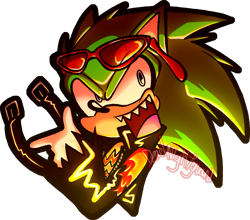 Size: 1523x1340 | Tagged: safe, artist:deadnightguard, scourge the hedgehog, bust, mouth open, pointing, sharp teeth, signature, simple background, smile, solo, transparent background, watermark