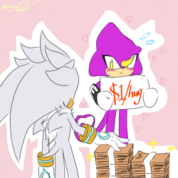Size: 1000x1000 | Tagged: safe, artist:icym24, espio the chameleon, silver the hedgehog, :<, cute, dollar bill, duo, english text, espibetes, gay, heart, imminent hugging, looking at each other, money, outline, pink background, shipping, sign, silvio, simple background, sparkles, standing
