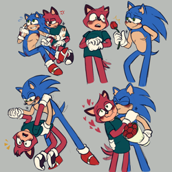 Size: 2048x2048 | Tagged: safe, artist:goldenstrwbrry, sonic the hedgehog, bandage, bleeding, blood, dancing, duo, flower, flower bouquet, gay, grey background, heart, hugging, injured, kiss on cheek, nonbinary, rose, scratch (injury), shipping, signature, simple background, sonarry, standing, top surgery scars, torn gloves, trans male, transgender, wagging tail, wound