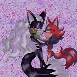 Size: 2048x2048 | Tagged: safe, artist:prettydarlingabby, gadget the wolf, infinite the jackal, abstract background, blushing, duo, gay, hands on another's face, lidded eyes, looking at each other, rookinite, shipping, signature, smile, standing