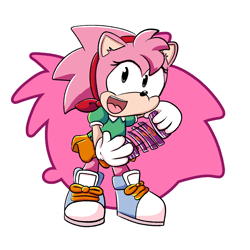 Size: 2000x2000 | Tagged: safe, artist:michael-h-art, amy rose, 2024, card, classic amy, holding something, looking at viewer, mouth open, semi-transparent background, smile, solo, standing