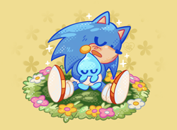 Size: 1736x1278 | Tagged: safe, artist:jeliwyre, sonic the hedgehog, chao, 2024, blushing, cute, drooling, duo, eyes closed, flower, holding them, mouth open, neutral chao, sitting, sleeping, sparkles
