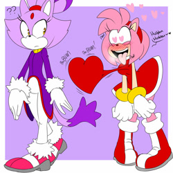 Size: 1024x1024 | Tagged: safe, artist:imthatartist, amy rose, blaze the cat, cat, hedgehog, 2020, amy x blaze, amy's halterneck dress, blaze's tailcoat, blushing, female, females only, heartbeat, hearts, lesbian, looking at them, question mark, shipping, tongue out