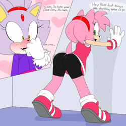 Size: 1024x1024 | Tagged: suggestive, artist:imthatartist, amy rose, blaze the cat, cat, hedgehog, 2019, amy x blaze, blushing, butt, english text, female, females only, hearts, lesbian, mario & sonic at the olympic games, shipping, speech bubble