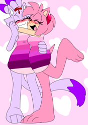 Size: 1006x1438 | Tagged: safe, artist:imthatartist, amy rose, blaze the cat, cat, hedgehog, 2020, amy x blaze, blushing, cute, eyes closed, female, females only, hearts, hugging, leg up, lesbian, pride, shipping
