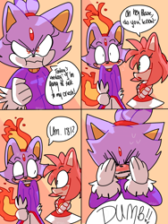 Size: 1800x2400 | Tagged: safe, artist:artyyline, amy rose, blaze the cat, cat, hedgehog, 2019, amy x blaze, amy's halterneck dress, blaze's tailcoat, blushing, comic, covering face, cute, english text, female, females only, flame, lesbian, shipping, speech bubble