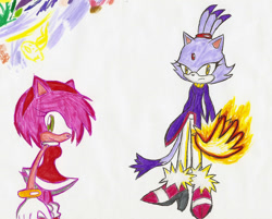 Size: 900x724 | Tagged: safe, artist:sailorquaoar, amy rose, blaze the cat, cat, hedgehog, 2008, amy x blaze, amy's halterneck dress, blaze's tailcoat, cute, female, females only, flame, lesbian, looking at viewer, shipping, traditional media