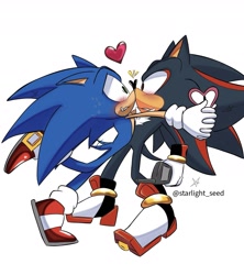Size: 1549x1745 | Tagged: safe, artist:inferno_blade15, shadow the hedgehog, sonic the hedgehog, blushing, duo, gay, heart, looking at each other, nose boop, noses are touching, shadow x sonic, shipping, signature, simple background, standing, sweatdrop, white background