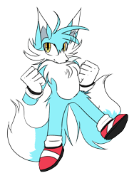 Size: 900x1200 | Tagged: safe, artist:koreyeet, miles "tails" prower, super tails, alternate super form, blue fur, clenched fists, looking offscreen, simple background, smile, solo, super form, transparent background, yellow eyes