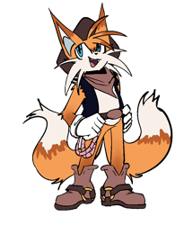 Size: 780x1000 | Tagged: safe, artist:koreyeet, miles "tails" prower, bandana, belt, cowboy, cowboy boots, cowboy outfit, fangs, hat, jacket, looking up, mouth open, rope, simple background, smile, solo, standing, transparent background
