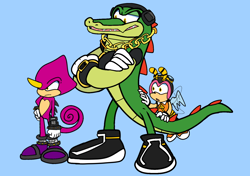 Size: 1476x1039 | Tagged: safe, artist:thetriobros, charmy bee, espio the chameleon, vector the crocodile, 2024, blue background, flapping wings, flat colors, flying, looking offscreen, simple background, standing, team chaotix, trio