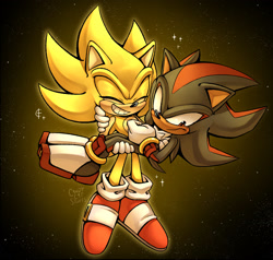 Size: 2048x1949 | Tagged: safe, artist:candycatstuffs, shadow the hedgehog, sonic the hedgehog, super sonic, abstract background, carrying them, commission, duo, frown, gay, shadow x sonic, shipping, signature, smile, sparkles, star (sky), super form