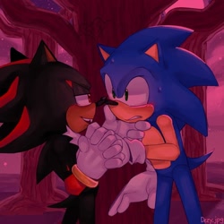Size: 1116x1116 | Tagged: safe, artist:dezydotjpg, shadow the hedgehog, sonic the hedgehog, abstract background, blushing, duo, gay, hand under chin, lidded eyes, looking at each other, mouth open, nighttime, outdoors, redraw, shadow x sonic, shipping, standing, star (sky), sweatdrop, tree