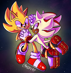 Size: 2048x2116 | Tagged: safe, artist:candycatstuffs, shadow the hedgehog, sonic the hedgehog, super shadow, super sonic, blushing, duo, flying, gay, gradient background, holding hands, looking at each other, shadow x sonic, shipping, signature, smile, star (sky), super form