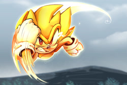 Size: 2048x1365 | Tagged: safe, artist:candycatstuffs, sonic the hedgehog, super sonic, abstract background, angry, clenched fists, clenched teeth, flying, looking at viewer, outdoors, punching, solo, super form