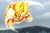 Size: 2048x1365 | Tagged: safe, artist:candycatstuffs, sonic the hedgehog, super sonic, abstract background, angry, clenched fists, clenched teeth, clouds, flying, looking at viewer, outdoors, punching, solo, super form, watermark