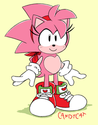 Size: 1258x1604 | Tagged: safe, artist:candycatstuffs, amy rose, sonic mania adventures, alternate shoes, classic amy, cute, heart chest, looking at viewer, redesign, signature, simple background, smile, solo, standing