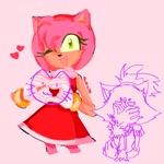 Size: 1472x1472 | Tagged: safe, artist:bombchan, amy rose, blaze the cat, cat, hedgehog, 2024, amy x blaze, amy's halterneck dress, cute, female, females only, heart hands, lesbian, looking at viewer, mouth open, one eye closed, shipping